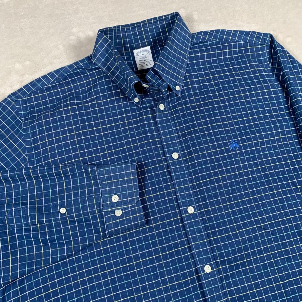 Brooks Brothers Button Down Shirt Mens XL Blue Regent Fit Grid Non-Iron Stretch